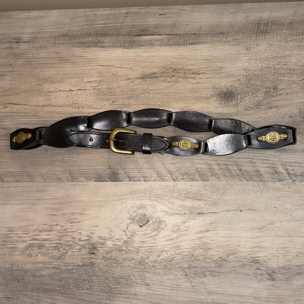 women’s belt Large XL black gold brass concho  flowers Vintage leather 90s y2k
